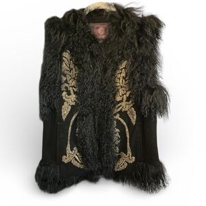 Marchesa Voyage Black Mongolian Shearling Vest with Gold Embroidery